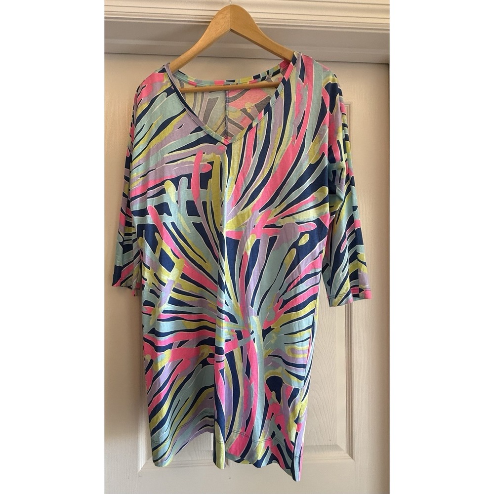 Lilly Pulitzer T-Shirt Dress Women XS Multicolor Abstract Palm 3/4 Sleeve V-Neck